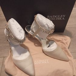 Badgley Mischka Champagne Satin Pointed-Toe Crystal Ankle-Strap Heels