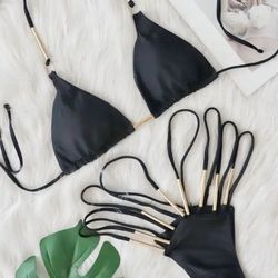 2025 New European And American Sexy Swimsuit Metal Accessories Bikini Solid Color High Waist Strap Hollow Women's Swimsuit