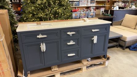 Home Decorators Collection Mayfield 72 in. Double Sink Freestanding Grayish Blue Bath Vanity with White Engineered Stone Top (Assembled)