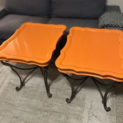 Vintage Hollywood Regency Orange Lacquer Accent Tables – Italian Style Wrought Iron Side Tables Set