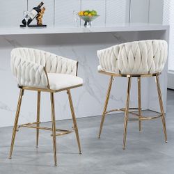2 Pieces Beige 26'' Counter height bar stools velvet kitchen island counter bar stool with hand- wave back,golden chromed base and footrest [NEW] **As