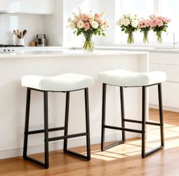 Black and White Counter Height Bar Stool for Kitchen Island Modern Backless Barstool with Upholstered Faux Leather Seat and Metal Frame Industrial 24 