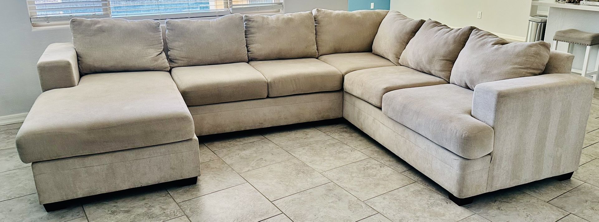 📦 FOR SALE: Bonaterra Sand Beige Fabric 127" 2 Piece U-Shaped Sectional with Right Arm Facing Sofa Chaise | Track Arms