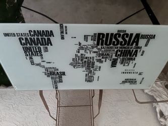 Glass world table, metal legs