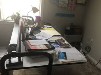 Office desk, chair and file cabinet