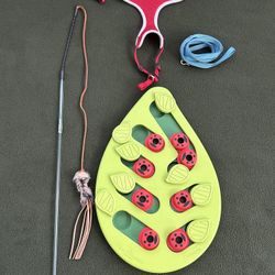 Cat Treat Puzzle Toy, Wand Toy, and Harness w/Leash