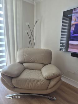 Cream Leather Armchair with Chrome Base