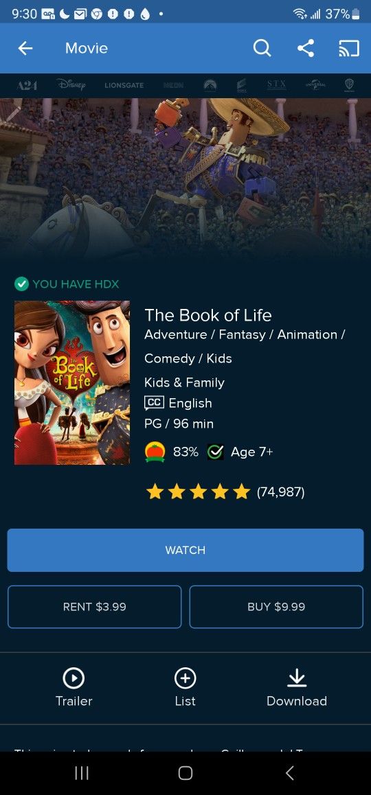 $4 DIGITAL HD MOVIE. THE BOOK OF LIFE. $4 OR TRADE FOR A MOVIE TITLE I DO NOT ALREADY OWN. 