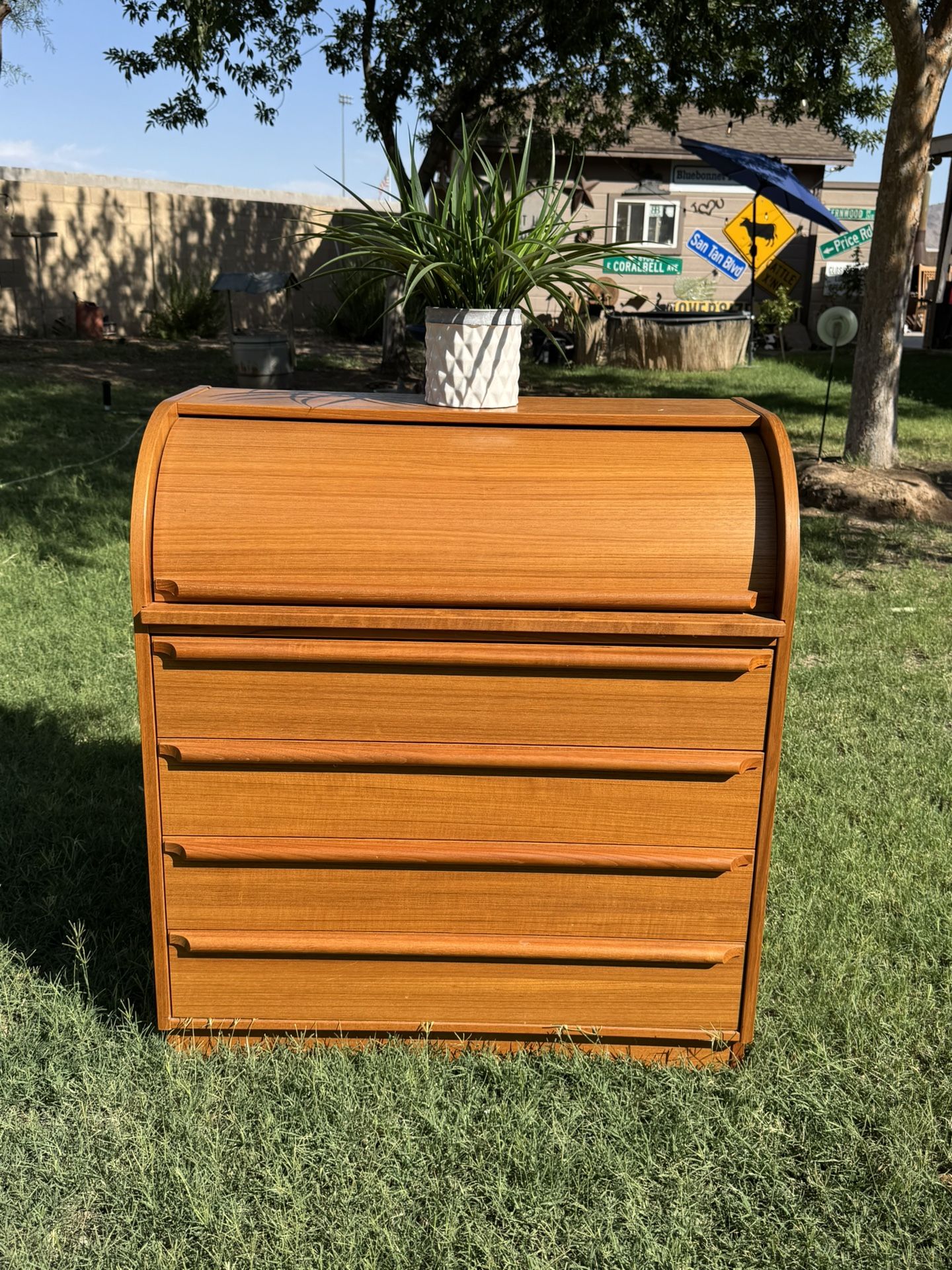 Mid Century Danish Modern Teak Wood Roll Top Secretary Desk Bureau