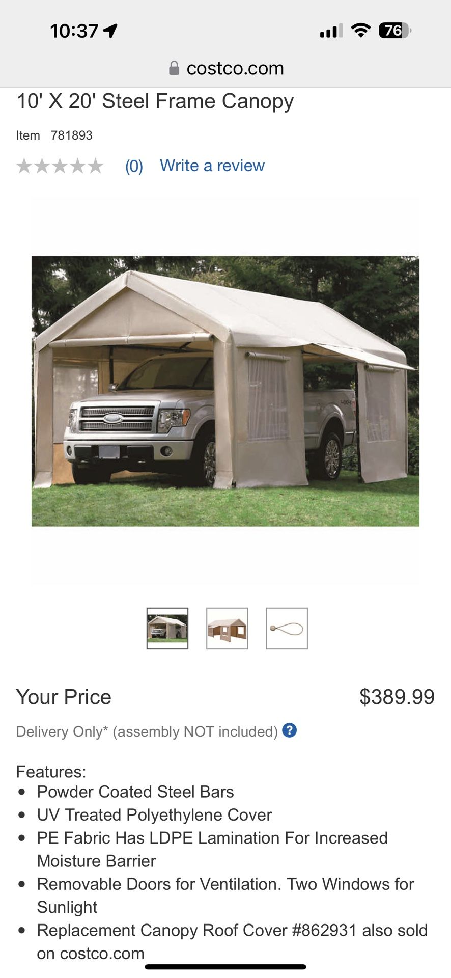 Costco 10x20 Portable Garage Canopy