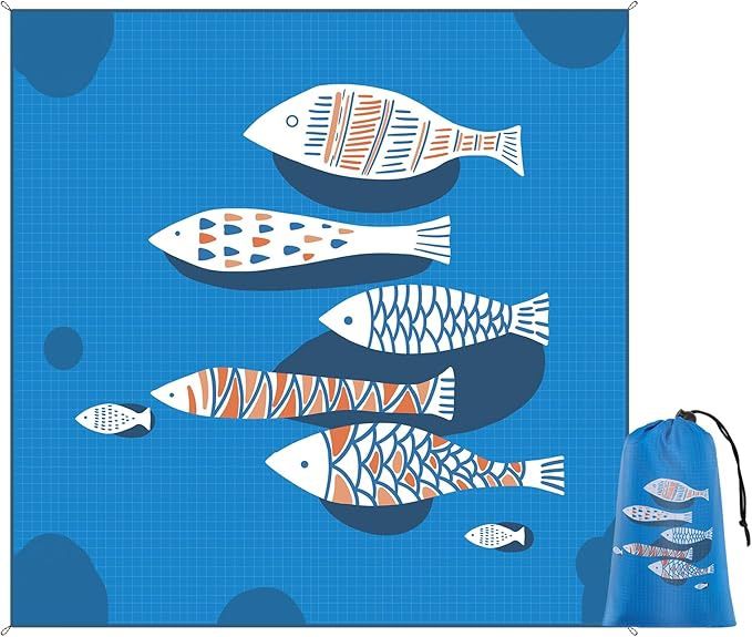 Blue Fish Beach Mat 75"x75" – Outdoor Picnic Blanket, Waterproof Sand Mat