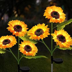 2-Piece 3-Head Garden Lights, Solar-Powered, IP65 Waterproof Solar Lights with Larger and Lifelike Sunflower Solar Flower Lamps - Suitable for Decorat