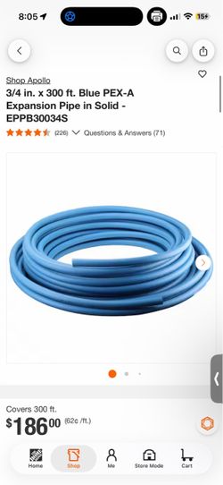 Apollo 3/4 in. x 300 ft. Blue PEX-A Expansion Pipe in Solid - EPPB30034S New FIRM PRICE $49