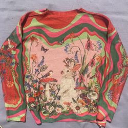 Whimsical vintage style sweater with bunny large