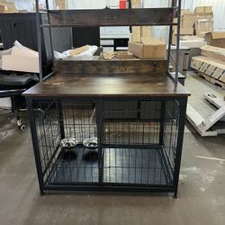  Furniture Style Dog Crate Side Table with Shelves, Equipped with Double Doors and A Raised Roof, Rustic Brown/Grey, 38.58 ''w x 25.5 ''d x 57 ''h $13