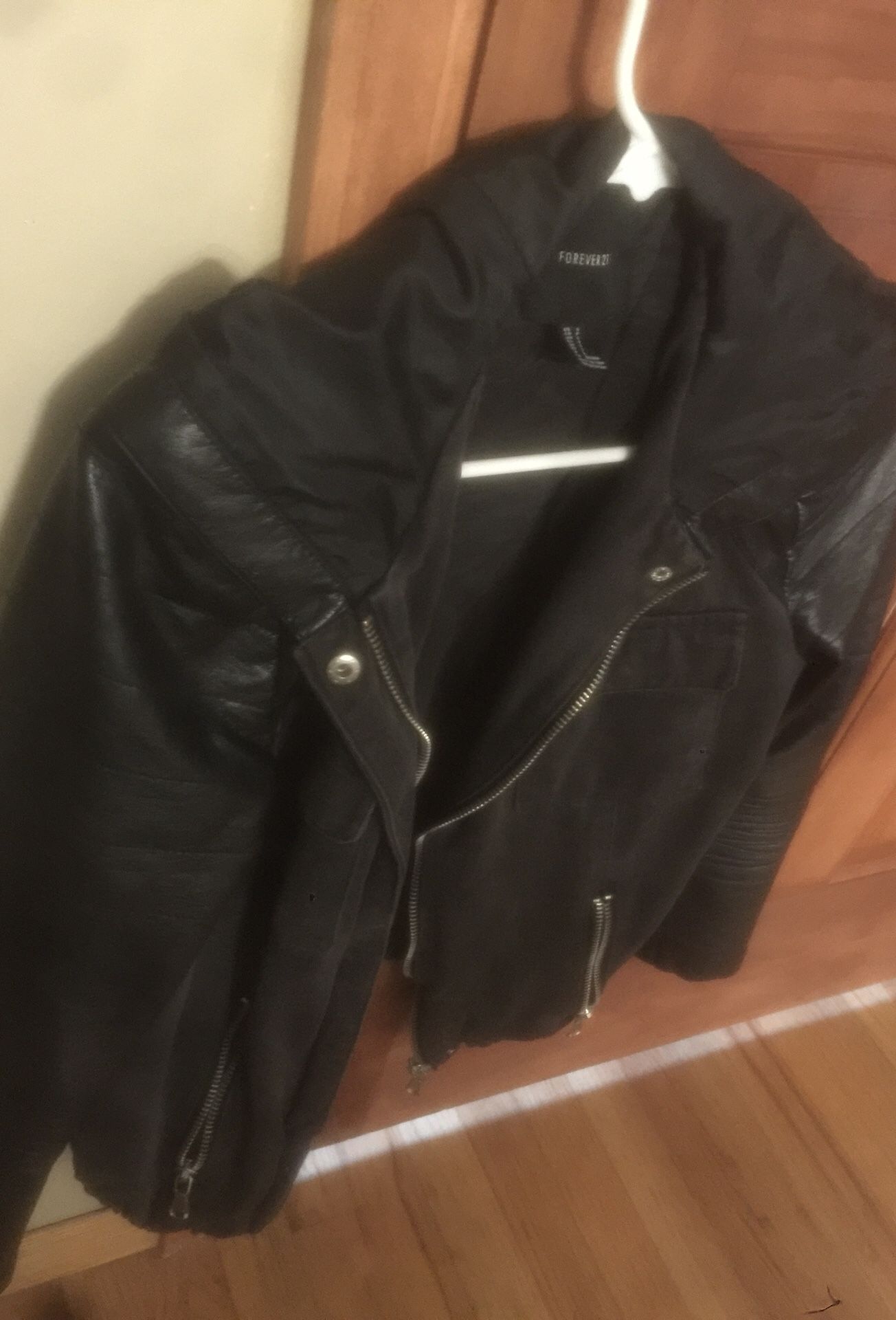 For ever 21, small jacket faux leather & denim with hoodie $20