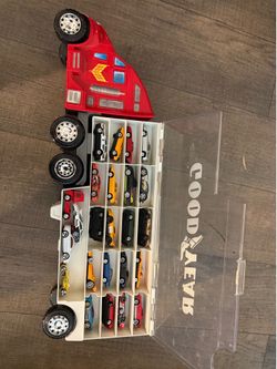Goodyear Toy Semi Truck Carry Case & 47 Hot Wheels Matchbox Die Cast Car Lot