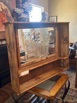 Rustic Farmhouse Wall Mirror with Shelf Storage 46” x 34”