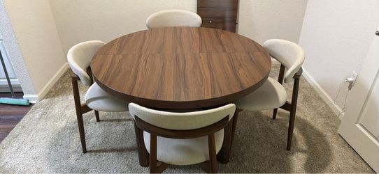 Round Walnut Dining Table with 4 Chairs