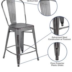 Commercial Grade 24" High Distressed Silver Gray Metal Indoor-Outdoor Counter Height Stool