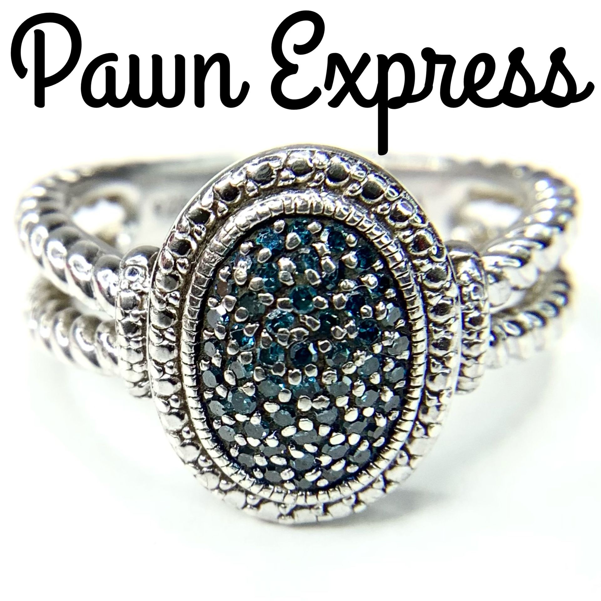 Sterling Silver Pave Blue Diamond Oval Ring