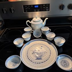Authentic Chinese Blue & White Translucent Tea Set With Pot Cups Bowls and Serving Platter