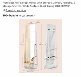 Frameless Full-Length Mirror Jewelry Armoire White