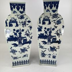 Pair 20th Century Chinesei Art Porcelain Blue and White Celadon Vases Qianlong