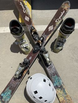Preowned Women’s Dynastar Skies And Salomon Boots W/Helmet. Snow Outdoor Winter Sport
