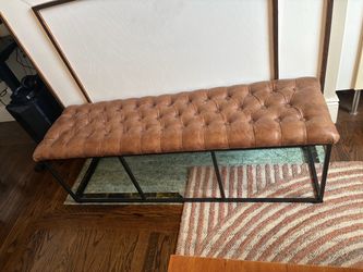 Tufted Leather Upholstered Bench with Metal Base