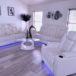 White Party Time Sofa, Loveseat and Recliner, 3 Peices.
