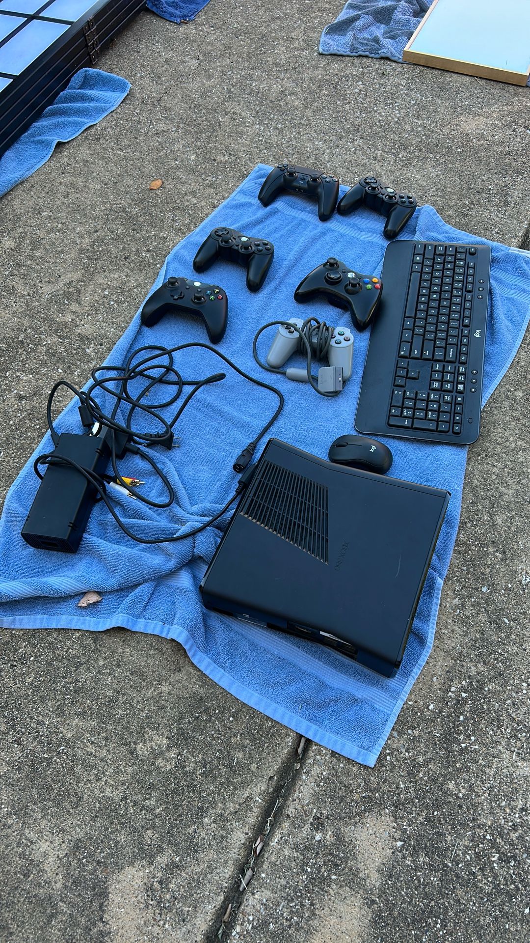 Xbox 360 Bundle – Multiple Controllers, Console, Power Brick, Cables, Keyboard & Mouse (untested)
