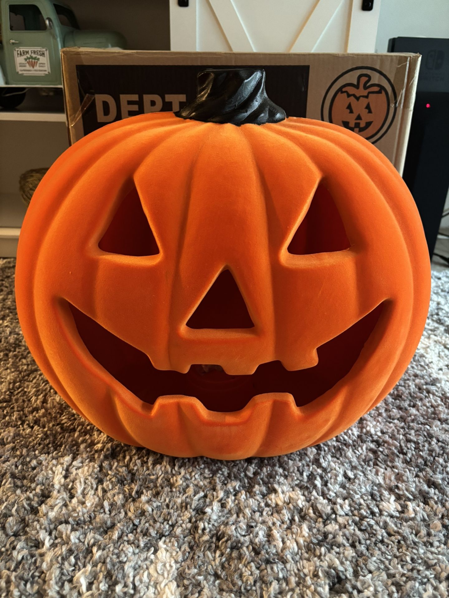 Halloween Orange Flocked Battery-Operated Light-up Jack-o'-Lantern Decoration, 15 in