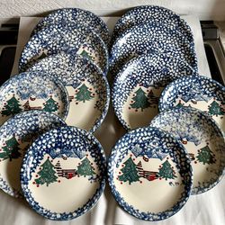 Vintage Set Of 6 Dinner And 6 Side (12 Total) Folk Craft Cabin In The Snow Tien Shan Plates