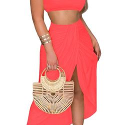  2 Piece Outfits Sleeveless Tank Crop Top and Wrap Split Slit Ruched Bodycon Midi Skirt

