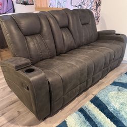 Brown Reclining Sofa With USB and USB-C Ports And Light
