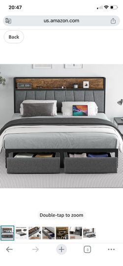 Queen Size Bed Frame with Headboard and Storage, Drawers Platform Bed Frame with Storage Chargin Station LED Light Bedframe, Heavy Duty, No Box Spring