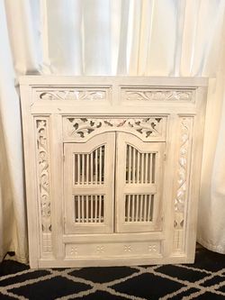 Vintage off-white Balinese Hand Crafted Wood Window Shutter Doors Wall Mirror