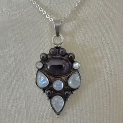 Sterling Silver Amethyst, Garnet & Moonstone Pendant Necklace
