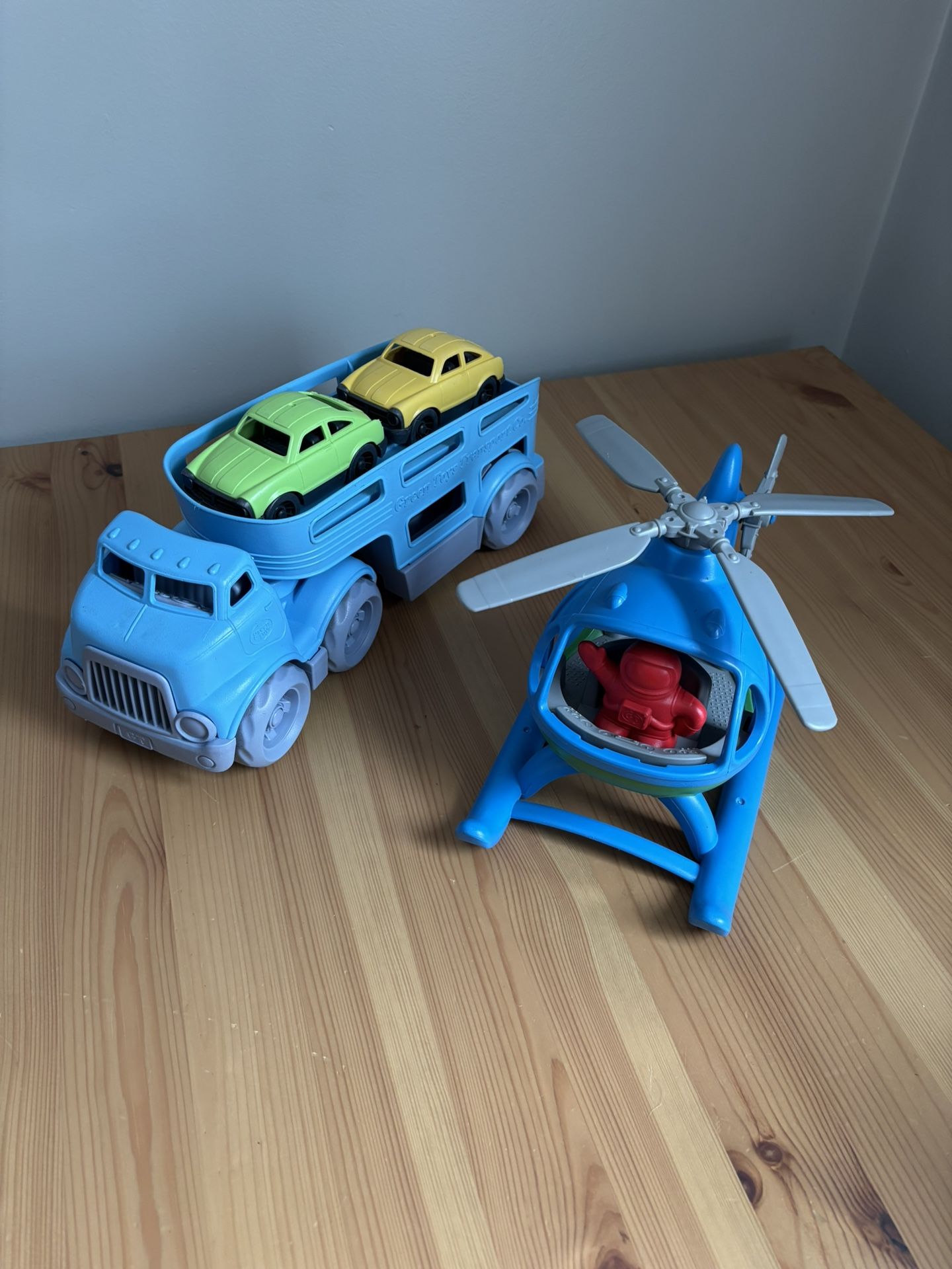 Green Toys Made In USA LOT Car Carrier Truck & Helicopter With Figure