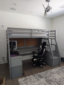 Gray Loft Bed with Built-In Desk and Stairs