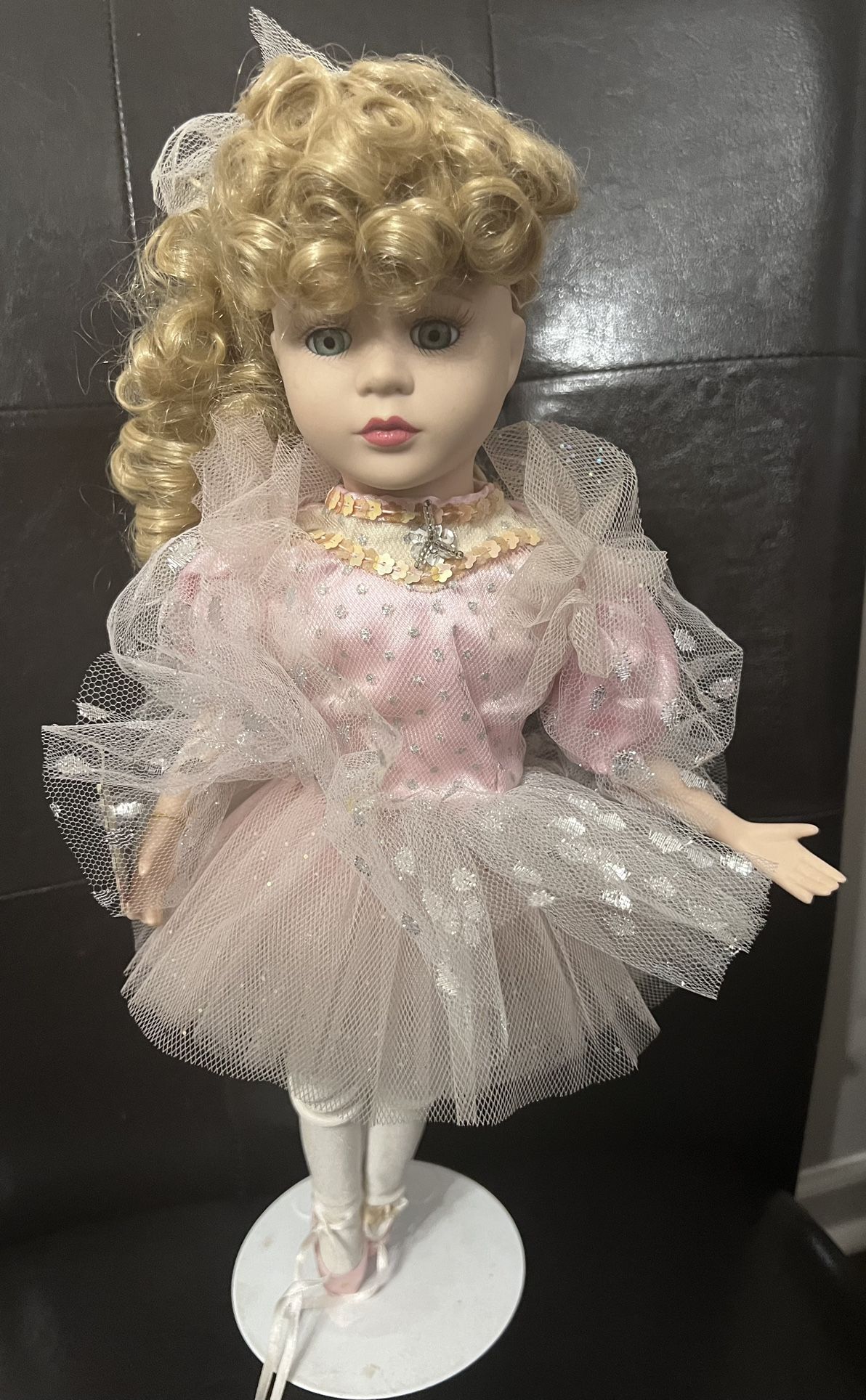 Porcelain Ballerina Doll With Tutu And Stand