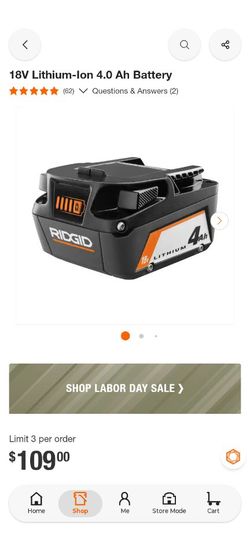 RIDGID
18V Lithium-Ion 4.0 Ah Battery