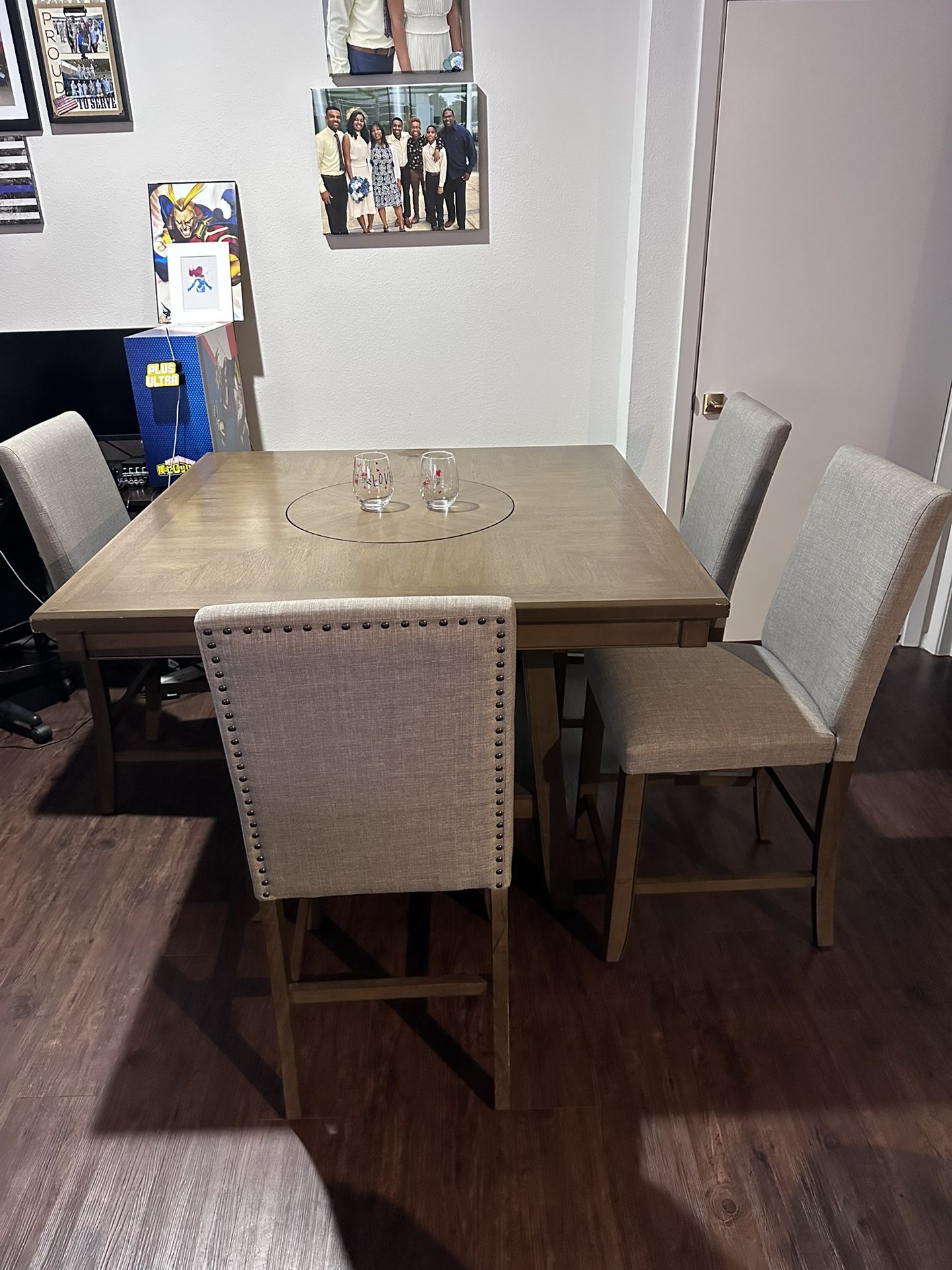 6-Piece Counter-Height Brown Dining Table Set w/ Lazy Susan + Bench & Chairs