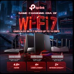 TP-Link Archer GE800 Tri-Band Wi-Fi 7 Gaming Router, 19Gbps, 4 LAN Ports, Black
