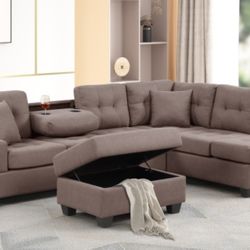 3pcs Sectional Sofa W/DROP DOWN CUPHOLDER & STORAGE OTTOMAN