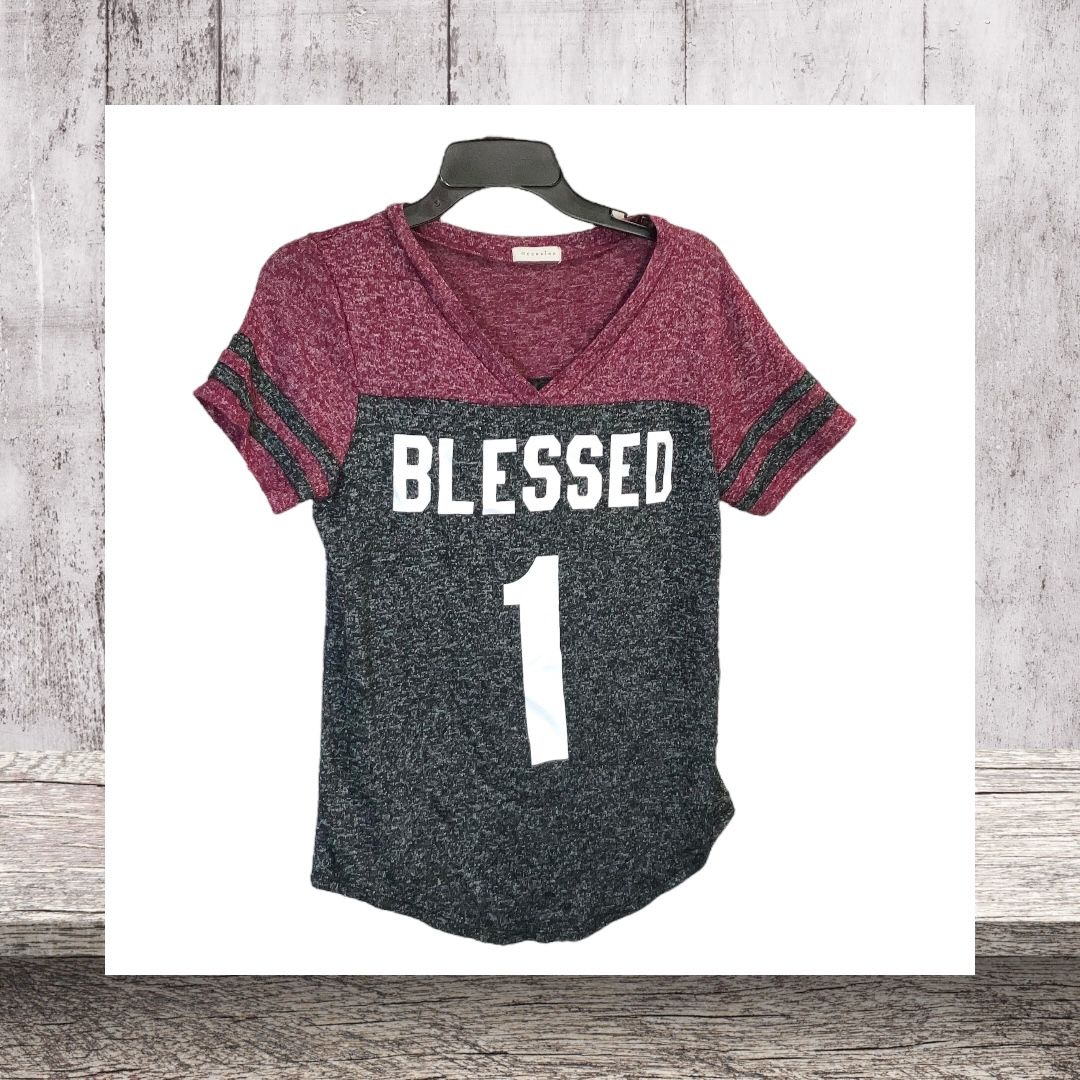 Occasion Burgundy, Black, White Marble “Blessed 1” Jersey Shirt Women Medium