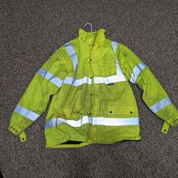 M-Safe class 3 HI VIS Yellow X-Large polar fleece lined parka cold weather waterproof removable sleeves and detachable hood used 