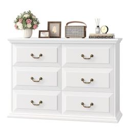 White Dresser with 6 Drawers, 6.2'' Deep 6 Drawer Dressers with Protruding Surfaces, Farmhouse Chest of Drawers, Wide Dresser for Bedroom Nursey Livin