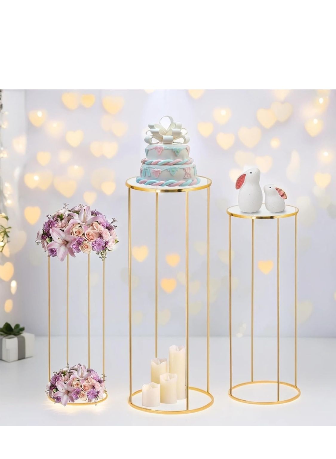 3pcs Gold Metal Plant Stand, Cylinder Pedestal Stands for Parties, Metal Plant Columns Pedestal Stands for Display, Round Cylinder Columns tables for